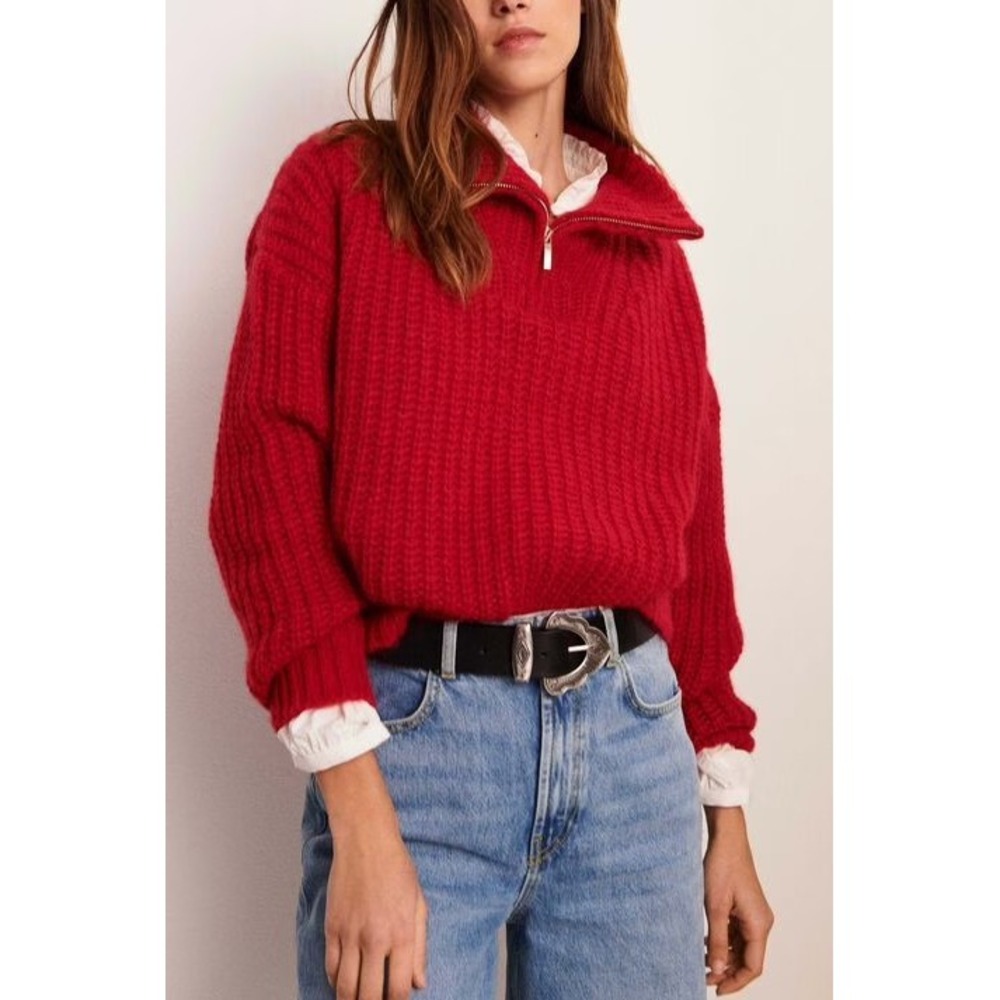 ba&sh Beltan Sweater Womens 0 XS Red Alpaca Mohair Blend Oversized Quarter Zip